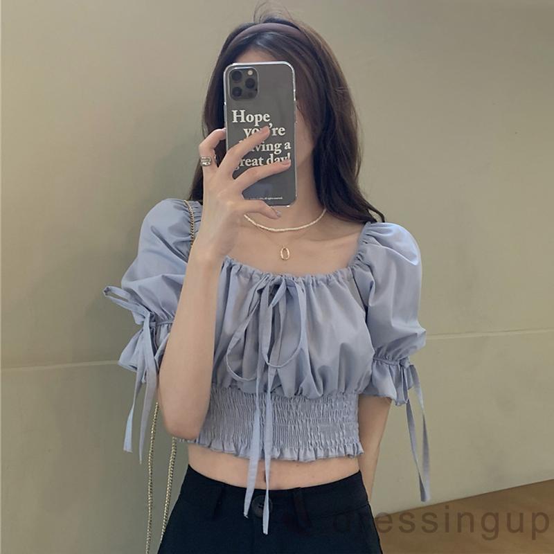 Áo Thun Tay Ngắn Phồng Ngắn Màu Trơn Có Dây Buộc Dành Cho Nữ