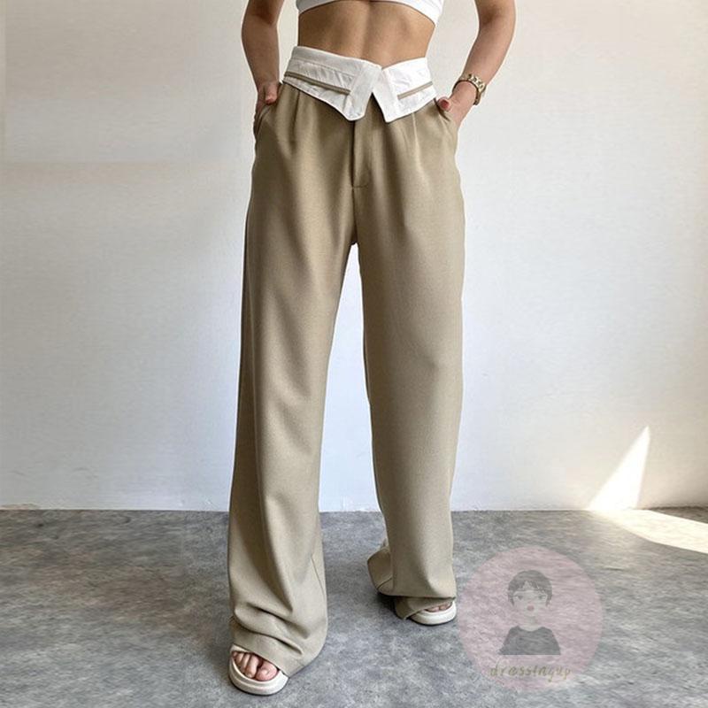 Quần ống rộng Lưng Cao Phối Khóa Kéo Thời Trang Cho Nữ