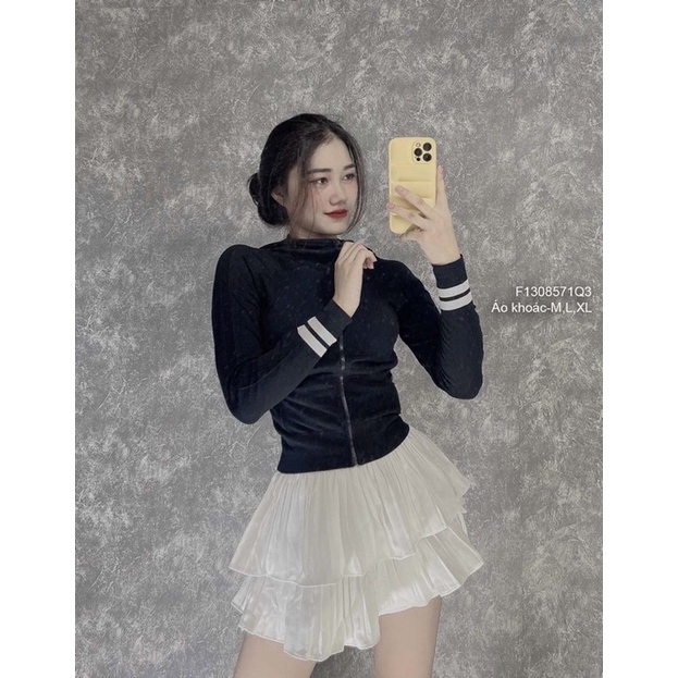 Áo khoác croptop có nón kéo khóa viền sọc!