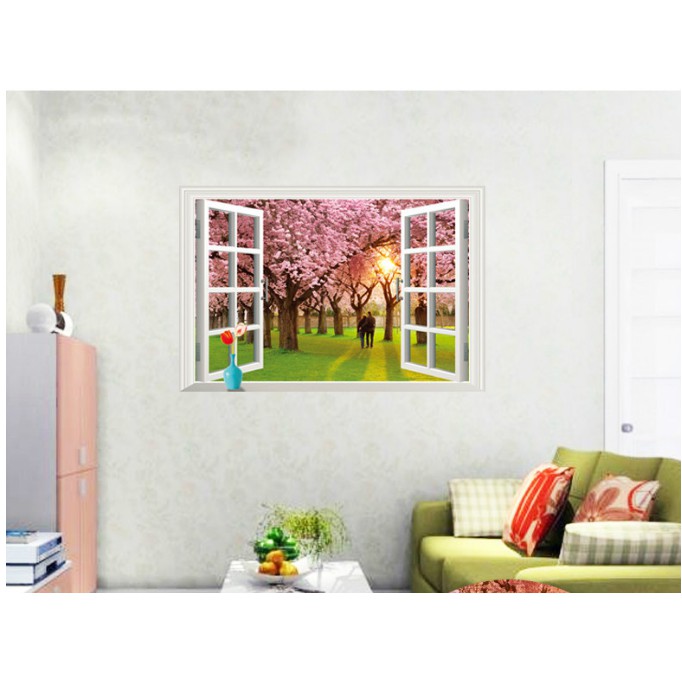 Decal trang trí cửa sổ 3D hoa đào và đôi tình nhân ( Kèm Video thật )