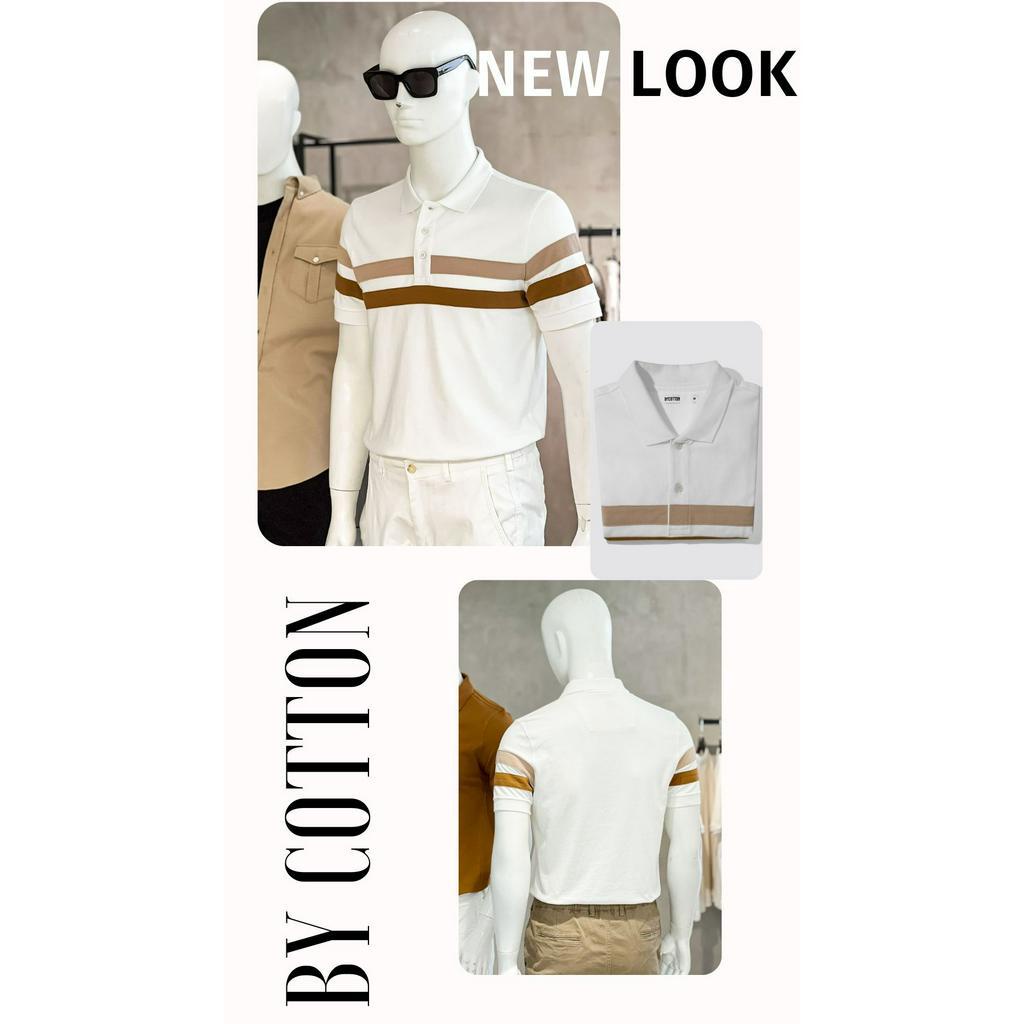 Áo Thun Polo Nam Cổ Bẻ Trắng In Sọc Ngực Nâu BY COTTON Double Brown Stripes Polo