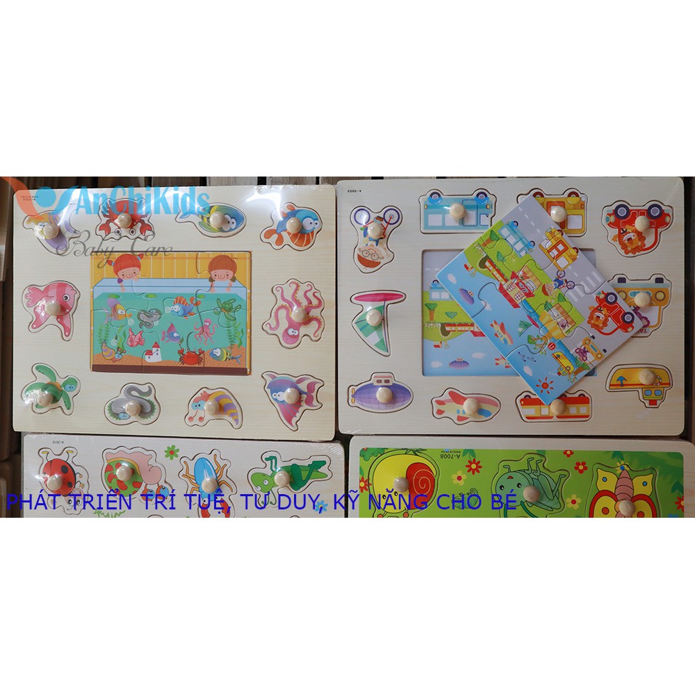 Đồ chơi lắp ráp bằng núm gỗ cho bé - chủ đề kết hợp bảng ghép hình