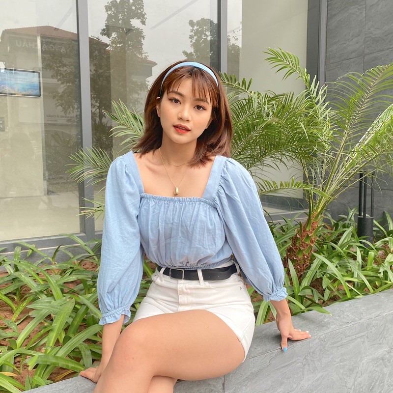 Croptop F21 tay bồng chun eo buộc dây lưng Áo kiểu nữ F21 cổ vuông chun ngực A1953