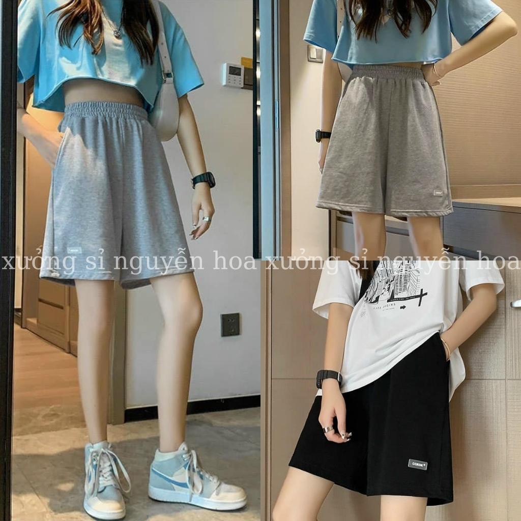 Quần short đùi unisex form dáng rộng nam nữ mặc được thêu logo 2 màu xám đen siêu hot Xưởng Sỉ Nguyễn Hoa