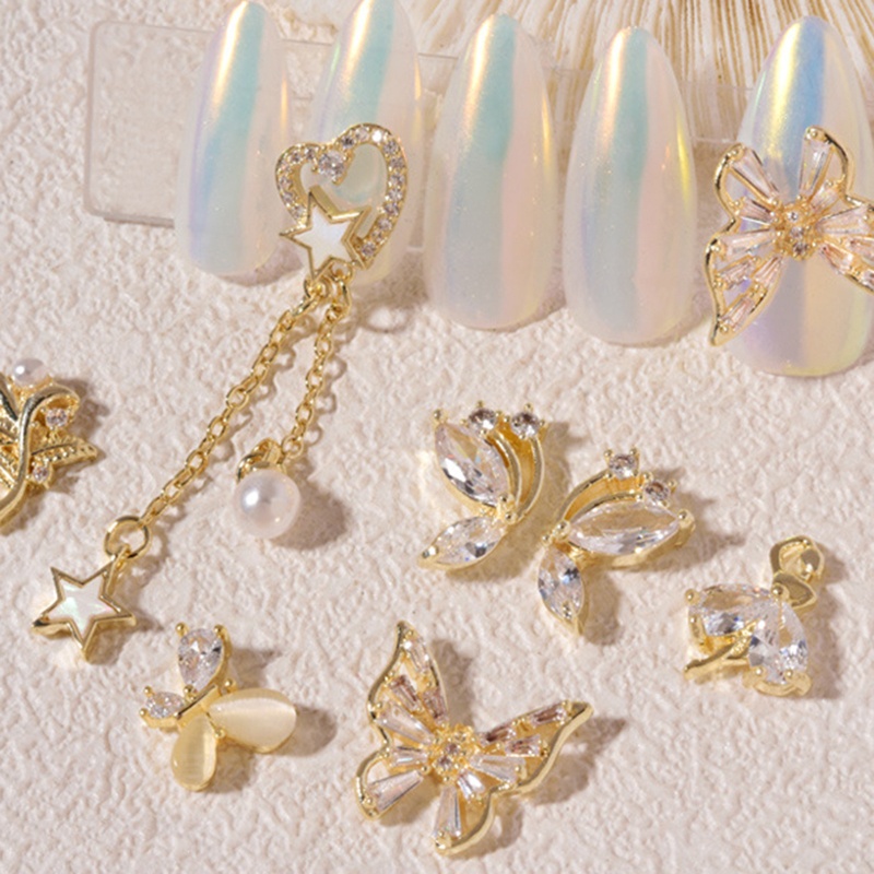 Phụ Kiện Trang Trí Móng Tay Hình Hoa Và Bướm Phối Chuỗi Ngọc Trai Và Đá Zircon Xinh Xắn