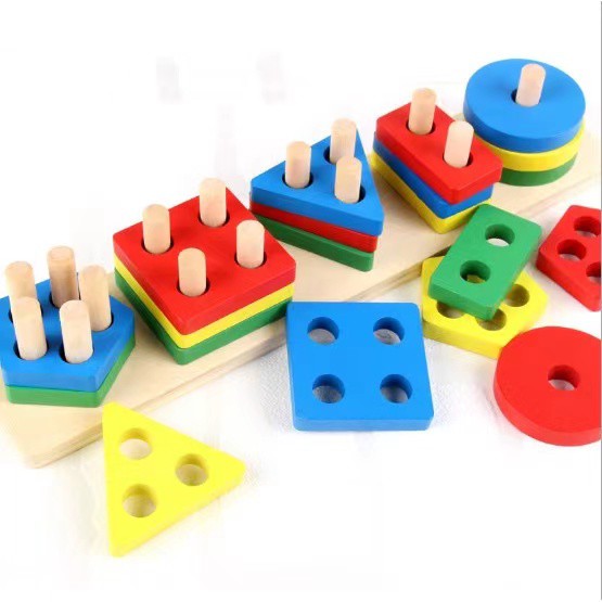 Đồ chơi thả hình 5 trụ cọc thanh ngang gỗ cho bé nhận diện hình dạng màu sắc-đồ chơi giáo dục