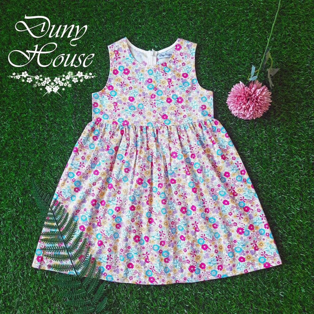 (V01)/2(Serie 2) Váy Cho Bé gái cơ bản sát nách, vải thô hoa 100% Cotton 9-46kg(1-13T), Thời trang thiết kế Duny House