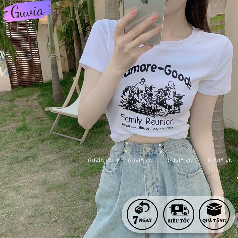 Áo Croptop Ôm Body Nữ ADMORE-GOODE Cổ Tròn Tay Ngắn, Áo Thun Croptop Kiểu In Họa Tiết GUVIA CR90