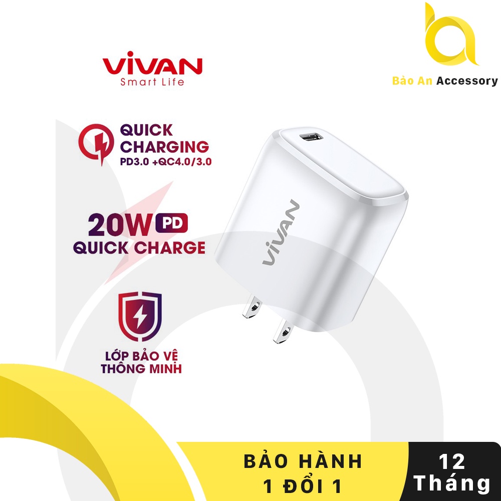 Cốc Sạc Nhanh PD 20W Cổng Type-C VIVAN POWER 20U AC 100-240V Hỗ Trợ Tự Ngắt Dòng