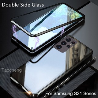 Ốp Điện Thoại Kính Cường Lực Cứng Hai Mặt Nắp Lật Khung Kim Loại Hít Nam Châm 360 Cho Samsung Galaxy S21 Ultra Plus 5G S21Plus S21Ultra