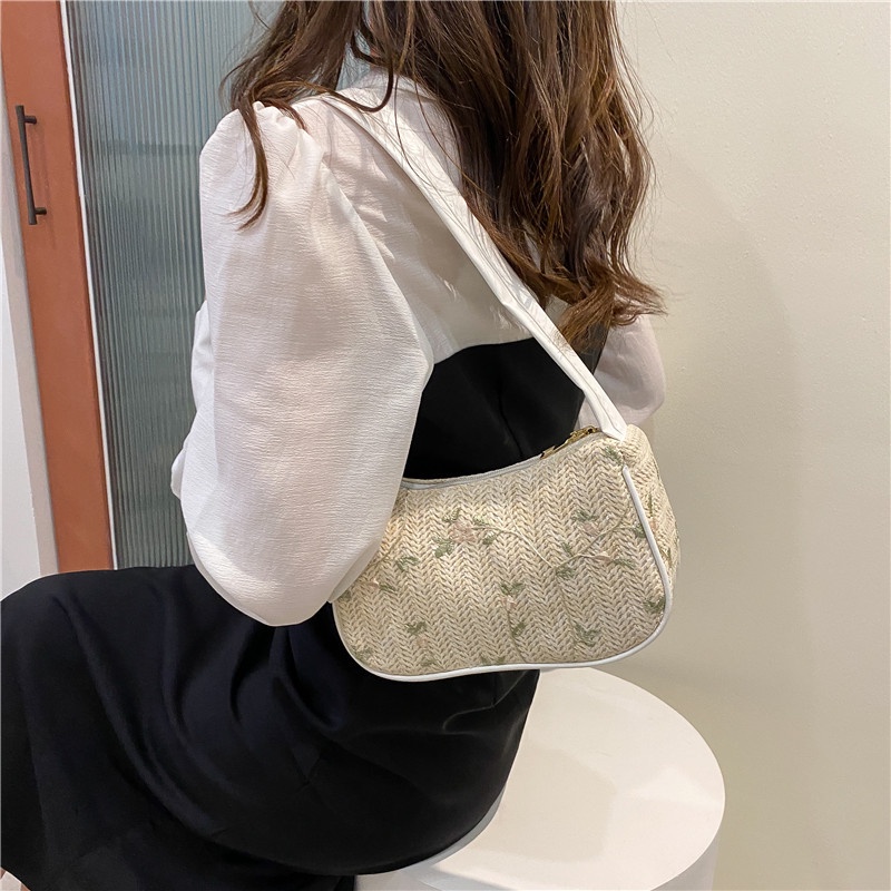 Túi Đeo Vai Hình Vuông Đan Cói Phối Ren Phong Cách Hàn Quốc Thời Trang Mùa Xuân 2022