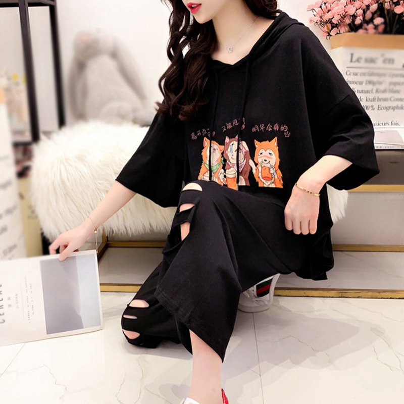 Women 2pcs/Set Cartoon Print Hole Korean Style Fashion Casual Hooded Top + Wide Leg Pants