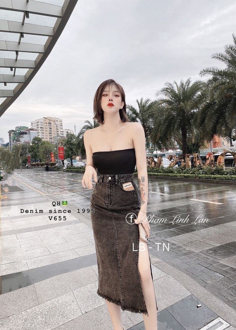Chân Váy Denim Lưng Cao Xẻ Tà Quyến Rũ Cho Nữ | BigBuy360 - bigbuy360.vn