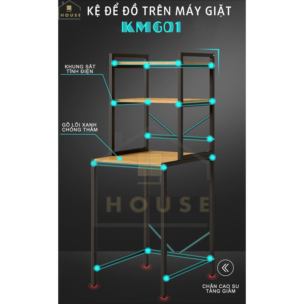 Kệ Máy Giặt 3 Tầng Đa Năng Mã KMG01 Chính Hãng 9HOUSE Để Máy Giặt Cửa Trước Lò Vi Sóng Loại Khung Thép Dày Gỗ Chống Ẩm