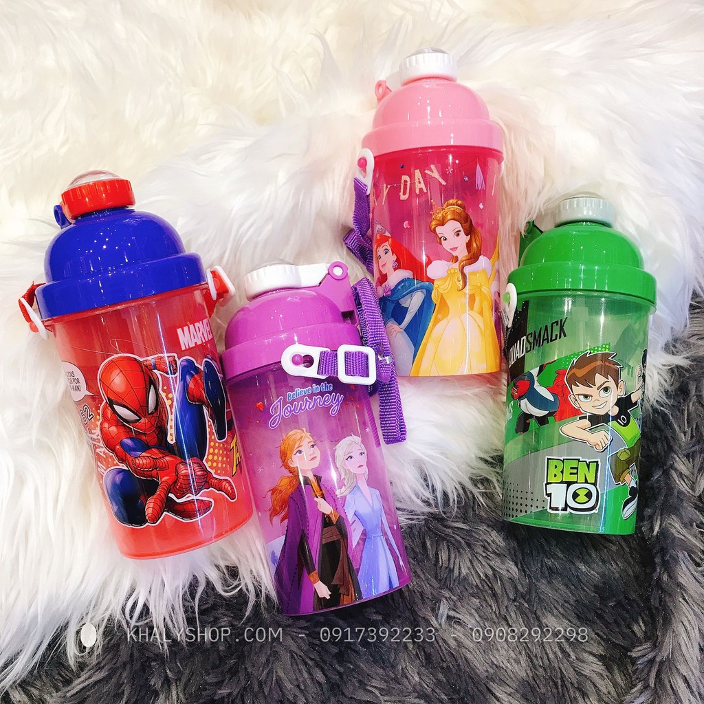 Bình nước nút bấm hình công chúa Princess, Frozen, Spiderman, Ben10 siêu xinh cho các bé - 500ml - (Thái Lan) - 7x7x19cm