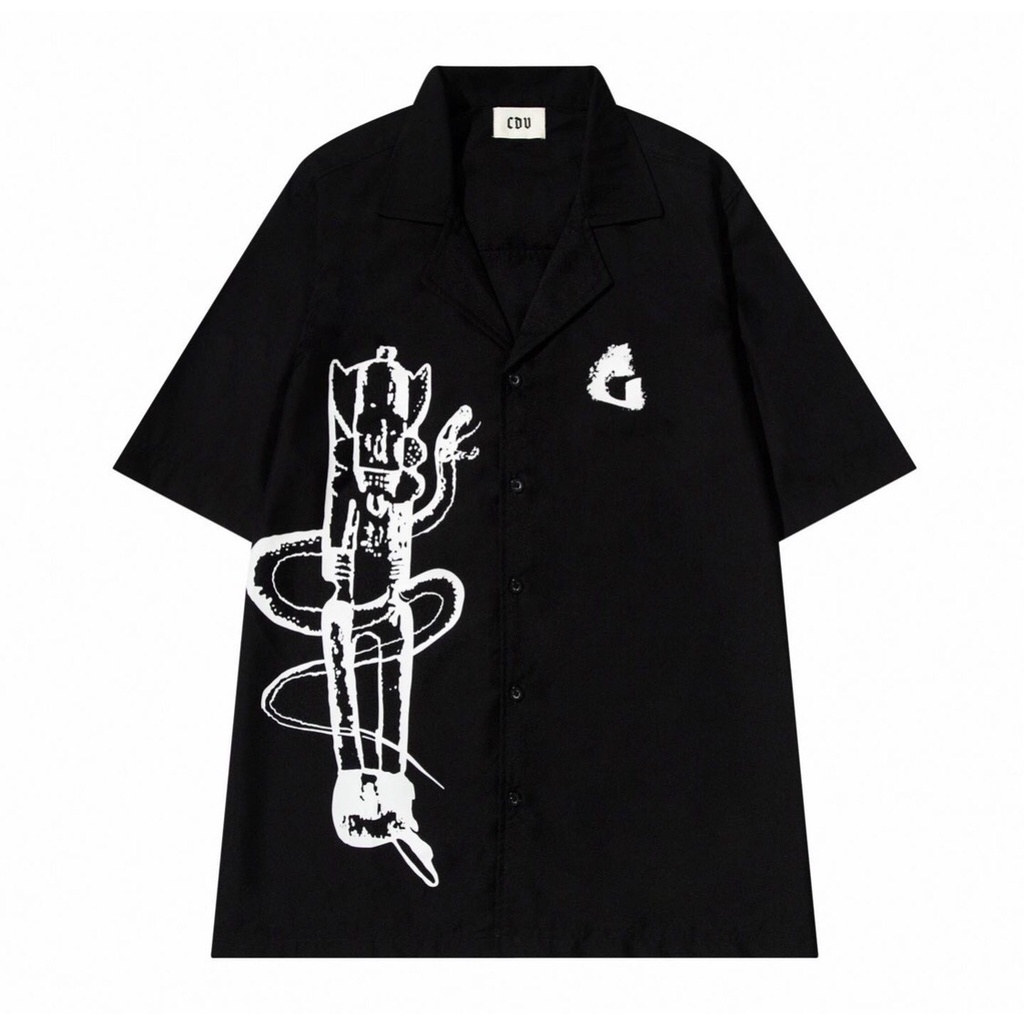 Áo sơ mi tay ngắn BIG SNAKE / đen vải silk in lụa cao cấp