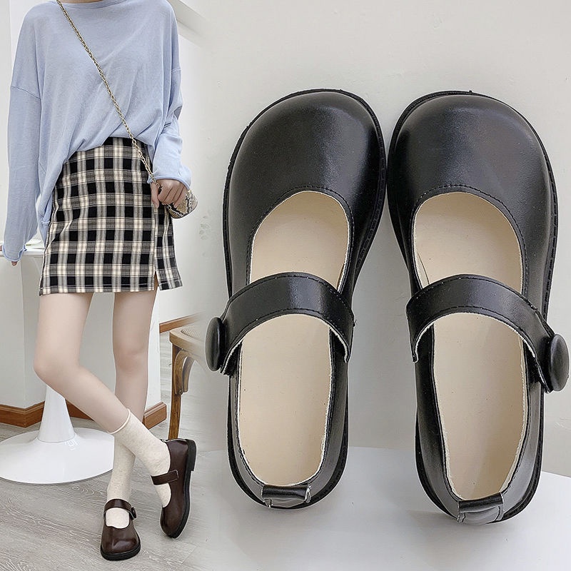 Giày búp bê nữ mũi tròn 3 màu đen, be và nâu cài quai phong cách Hàn Quốc