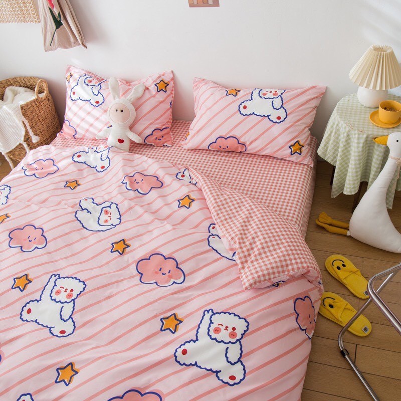 Set chăn ga gối cotton poly phong cách hàn Quốc - Mèo hồng đám mây ( Không kèm ruột )