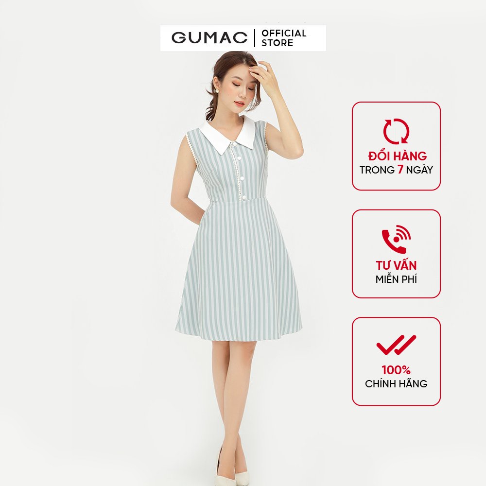 [Mã MABR07062 giảm 8% tối đa 50K đơn từ 249K] Đầm xòe nữ phối nút sát nách GUMAC ôm body màu xanh DB5115