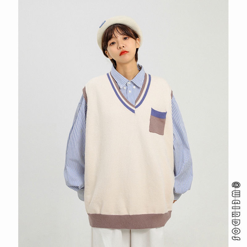 Áo sweater dệt kim không tay phối màu tương phản kiểu vintage Nhật Bản | BigBuy360 - bigbuy360.vn