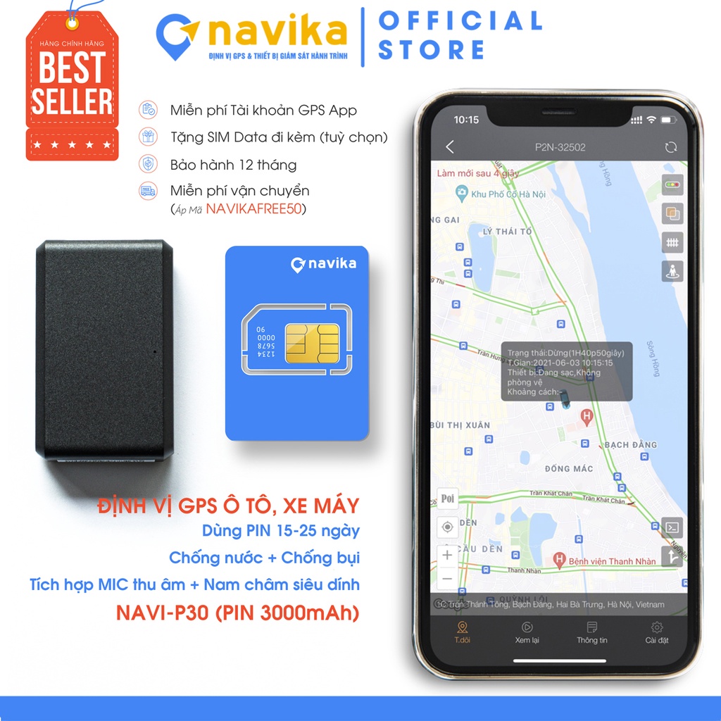 Định vị không dây, định vị theo dõi xe, gps mini chạy pin 7-15 ngày - Navi P30