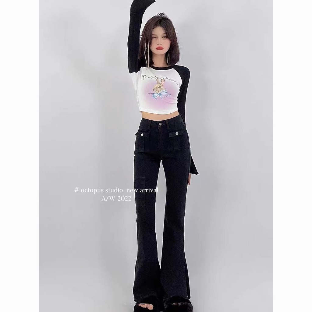 Quần Dài Ống Rộng Lưng Cao Màu Đen Thời Trang Mùa Thu Phong Cách Hàn Quốc Cho Nữ