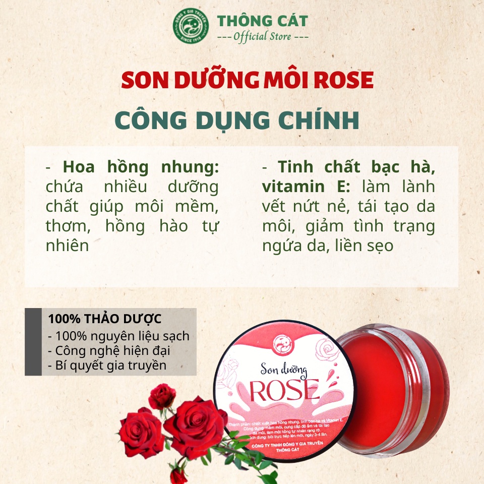 Son Dưỡng Rose THÔNG CÁT HCM Son dưỡng môi giúp mềm môi,  cung cấp độ ẩm, tái tạo da môi làm môi luôn mềm mọng