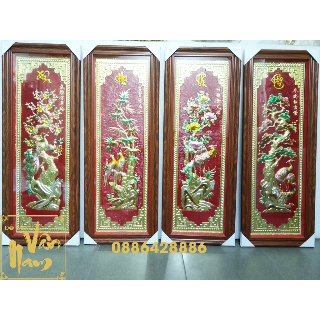 Tranh Tứ Quý Xuân Hạ Thu Đông Bằng Đồng Nguyên Chất Liền Tấm 96x36cm Có Móc Treo Sẵn