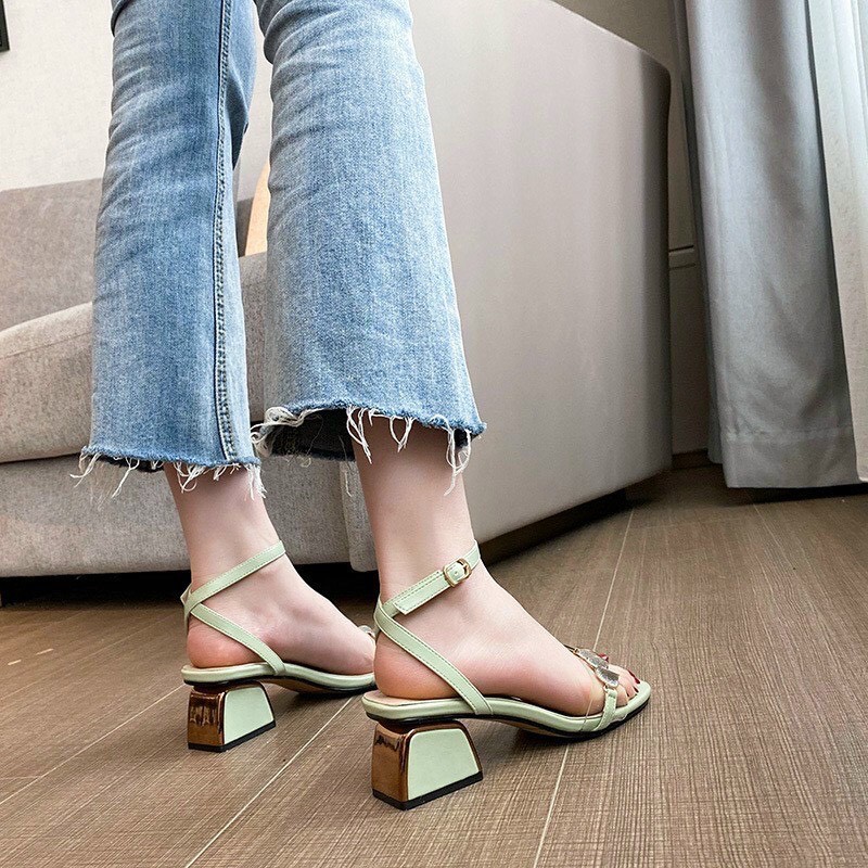 Giày sandal nữ mẫu mới gót cao 5cm phối mika mặt trăng sang chảnh