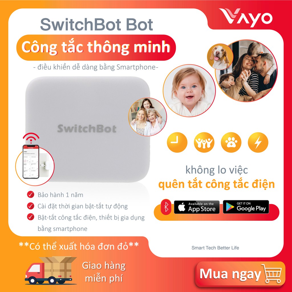 Công tắc thông minh, công tắc điều khiển từ xa SwitchBot Bot không dây, kèm Hub Mini tương thích Google home, Homepod
