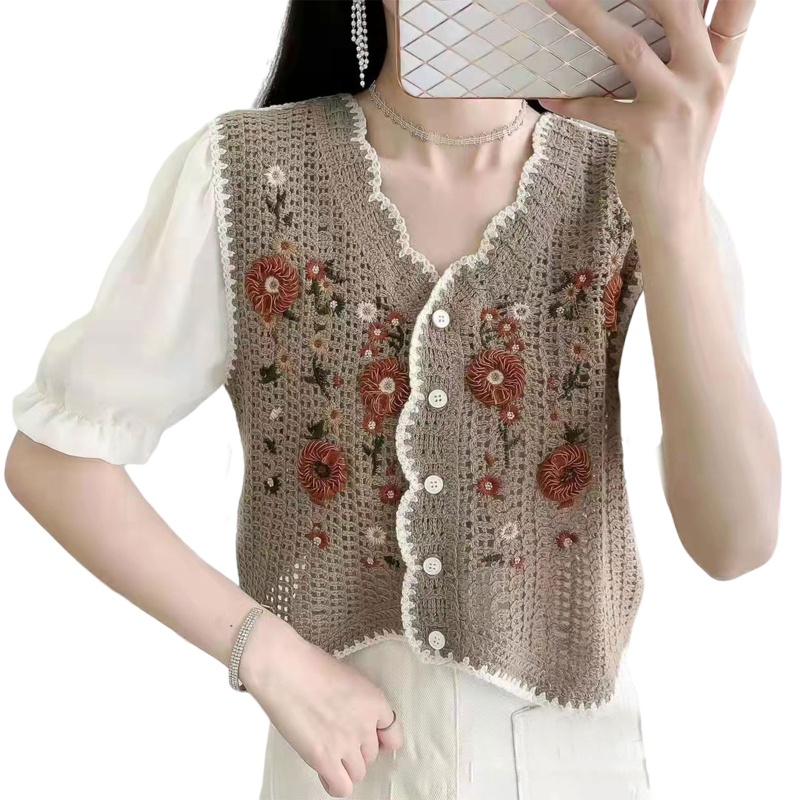 Áo Chiffon Dệt Kim Tay Ngắn Cổ Chữ V Thêu Hoa Ngọt Ngào Cho Nữ