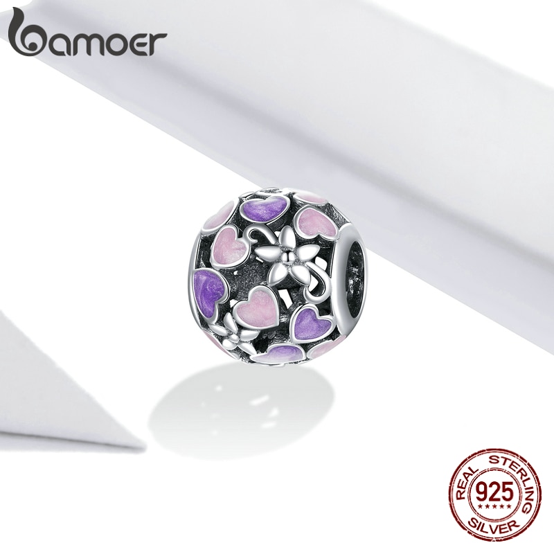 Hạt Xỏ Vòng Tay Bamoer SCC1798 Bằng Bạc Sterling 925 Họa Tiết Hoa Và Trái Tim Tráng Men Tím Hồng Xinh Xắn