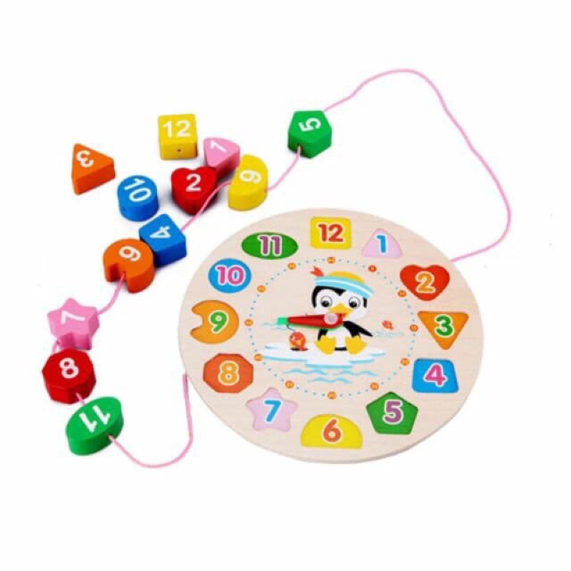 Đồ chơi đồng hồ gỗ cho bé, đồ chơi gỗ phát triển trí tuệ giúp bé ban đầu nhận diện hình khối, đếm số, xem giờ