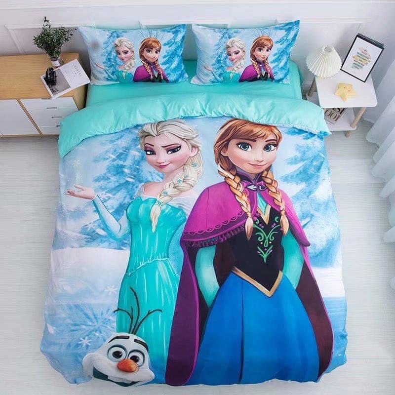 Bộ Chăn Ga Gối Cotton Hoạt Hình 3D Chị Em Elsa