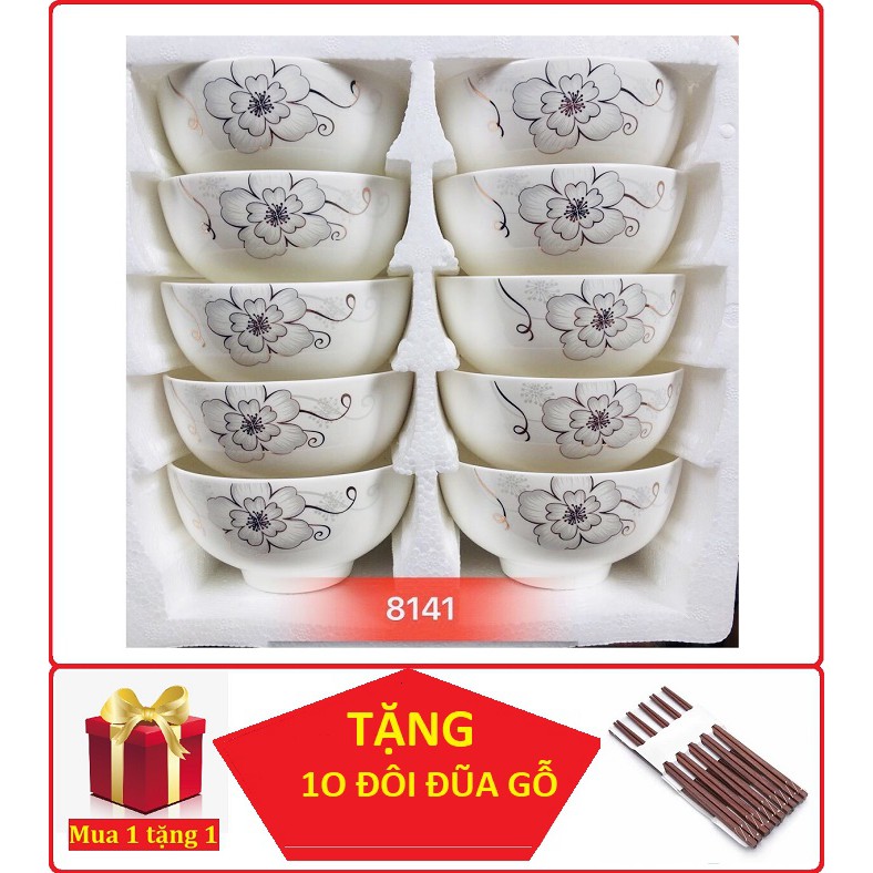 [ TẶNG BỘ 10 ĐŨA ] BỘ 10 CHÉN SỨ HOA VĂN CAO CẤP