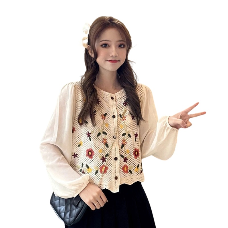 Brroa Áo Khoác Cardigan Chiffon Tay Dài Phồng Thêu Hoa Cho Nữ Jacke