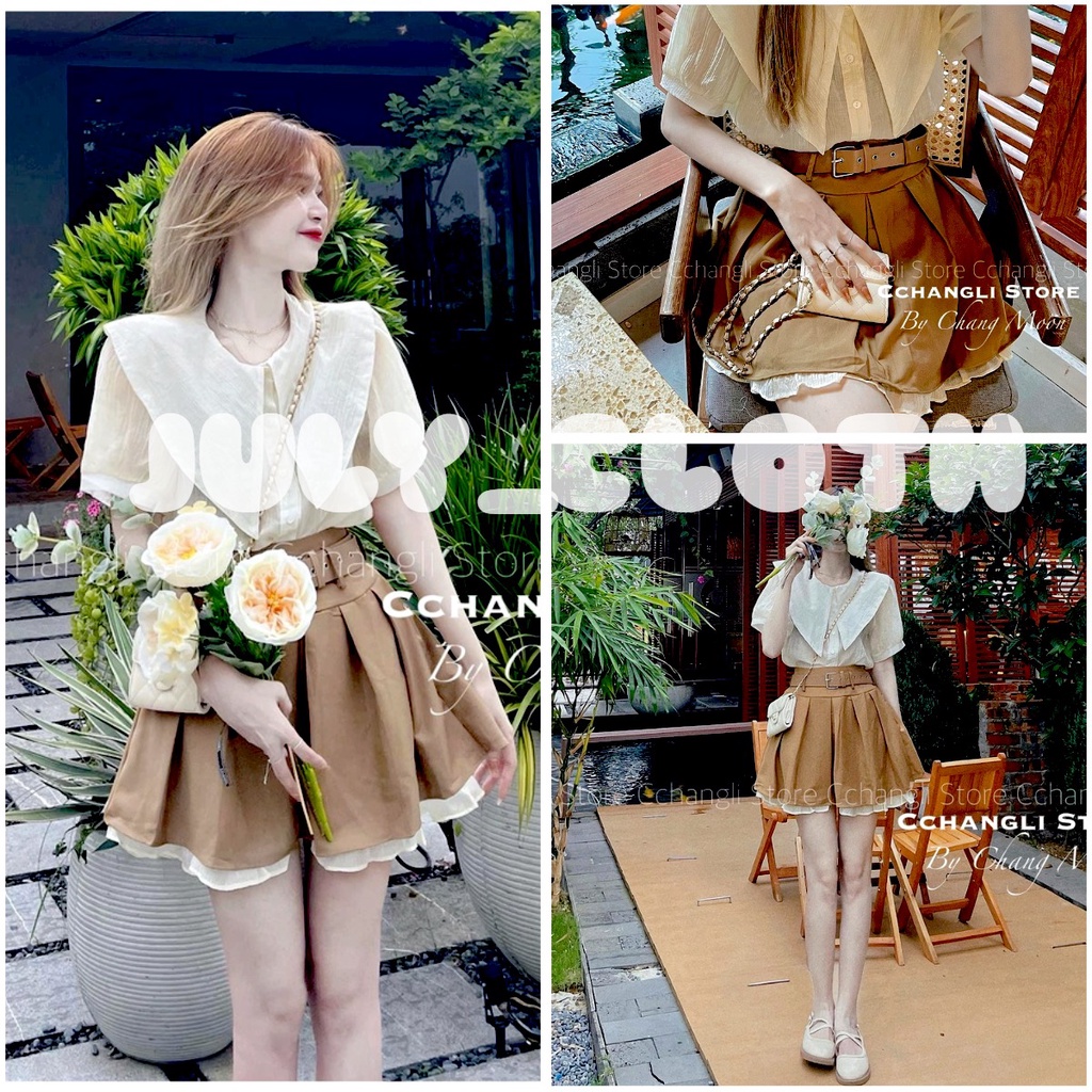 et Áo Sơ Mi Cổ Sen Kèm Chân Váy Ngắn Sang Chảnh ☘ Bộ Áo Nữ Cộc Tay Kèm Chân Váy Xòe Kaki ☘
