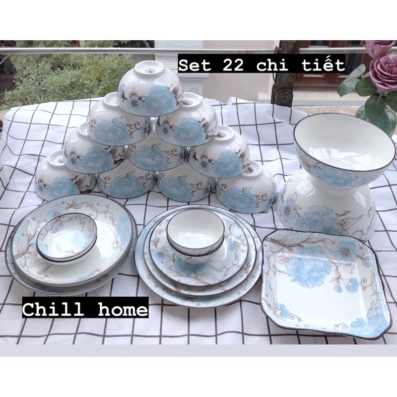Bộ bát đĩa sứ bát tràng,set bát 22 sản phẩm,mâm cơm gia đình,chất men dày dặn hàng sẵn mã b333