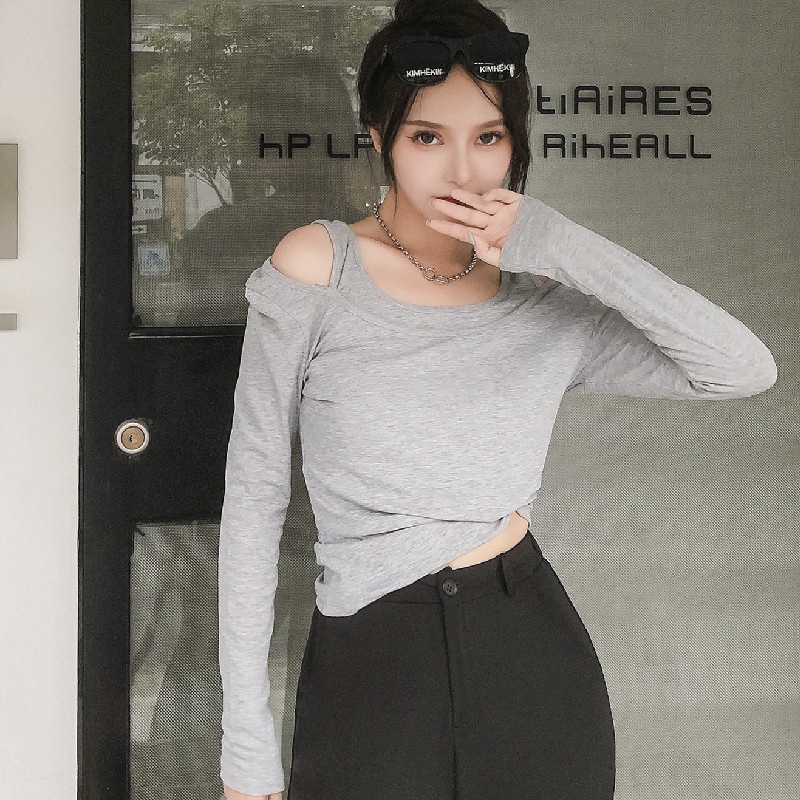 Áo thun COZOK tay dài hở vai màu trơn đơn giản dễ phối đồ thời trang