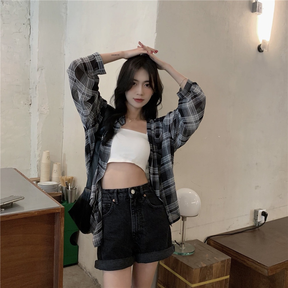 Áo sơ mi chiffon SUXI tay dài họa tiết sọc caro thời trang mùa hè cho nữ