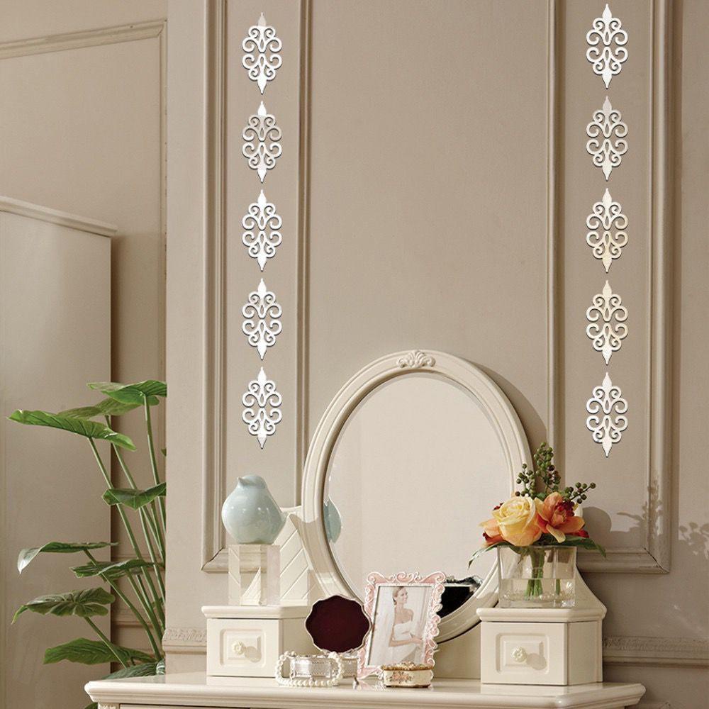KUNHEV Set 10 Miếng Dán Tường Tráng Gương Họa Tiết Hoa 3D DIY