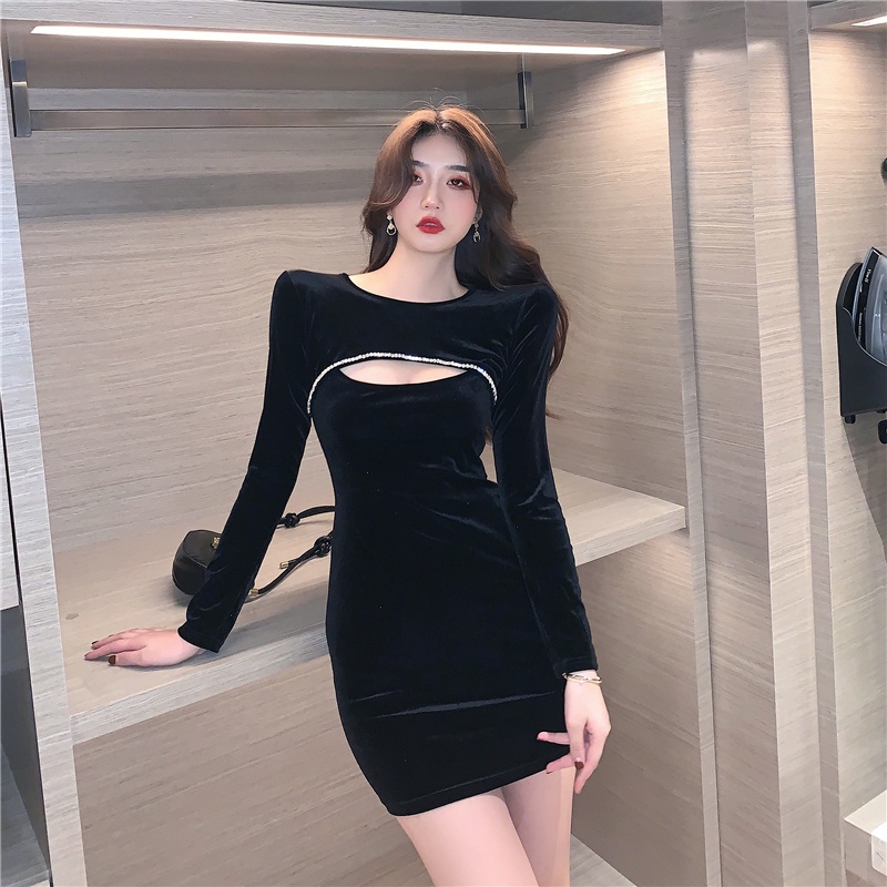 Đầm nhung tay dài ôm ngực phong cách Trung Hoa thời trang quyến rũ cho nữ