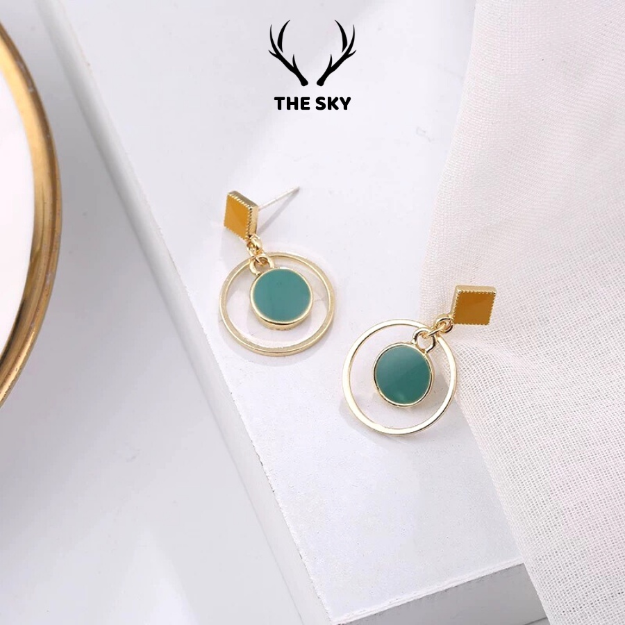 Khuyên Tai Nữ The Sky, Bông Tai Mặt Tròn Đính Đá Xanh Bích Sang Trọng Quý Phái Phong Cách Hàn Quốc S92549