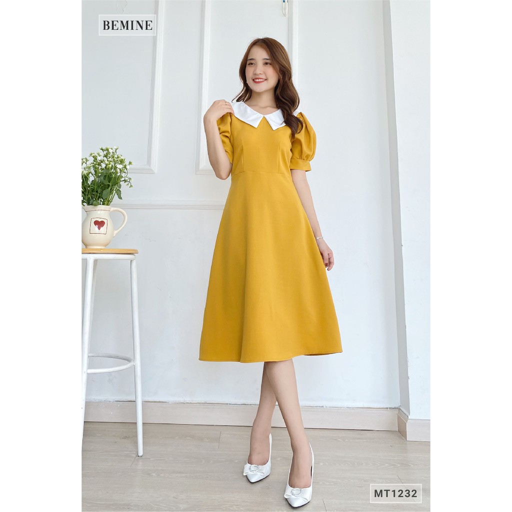[Mã WABRWA15 giảm 15% đơn 300K] Đầm xòe tay ngắn cổ phối trắng BEMINE MT1232VANG | BigBuy360 - bigbuy360.vn