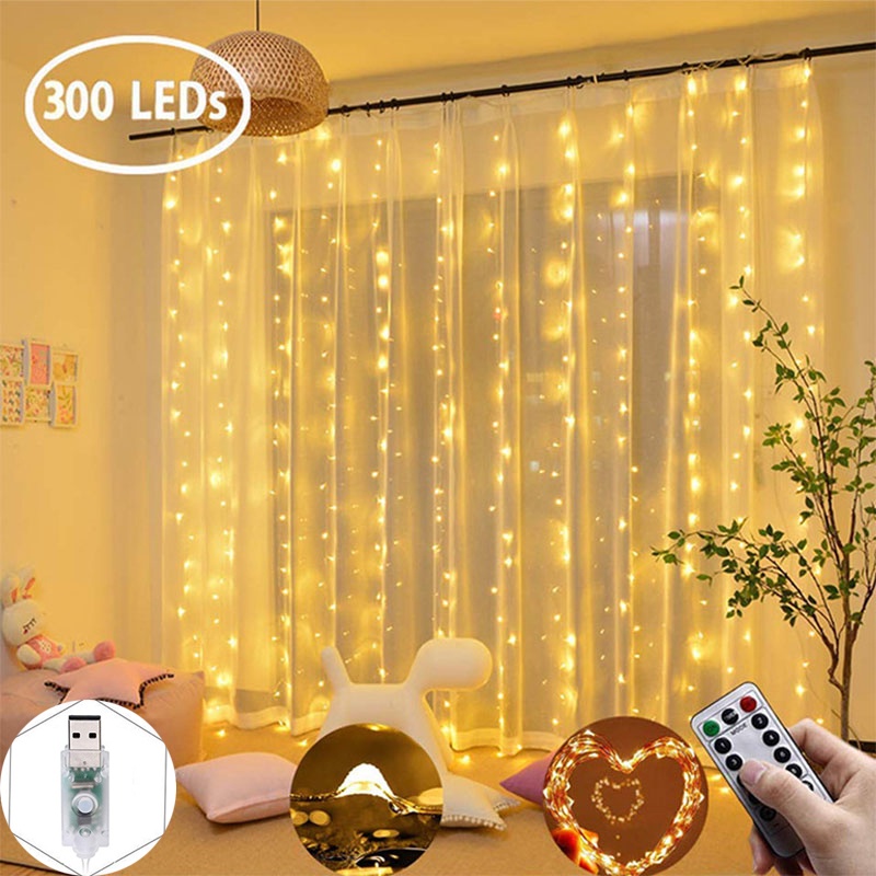 Đèn Led Đom Đóm Dạng Rèm Thả Rủ 3mx3m Có Remote Chỉnh Chớp Nháy 3 Màu - Đèn Trang Trí Nhà Cửa
