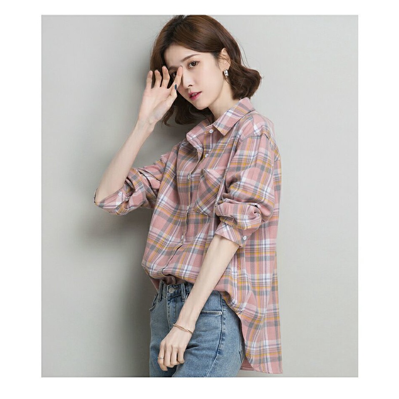 Áo sơ mi dài tay dáng rộng kẻ sọc caro phong cách Hàn Quốc thời trang mới cho nữ