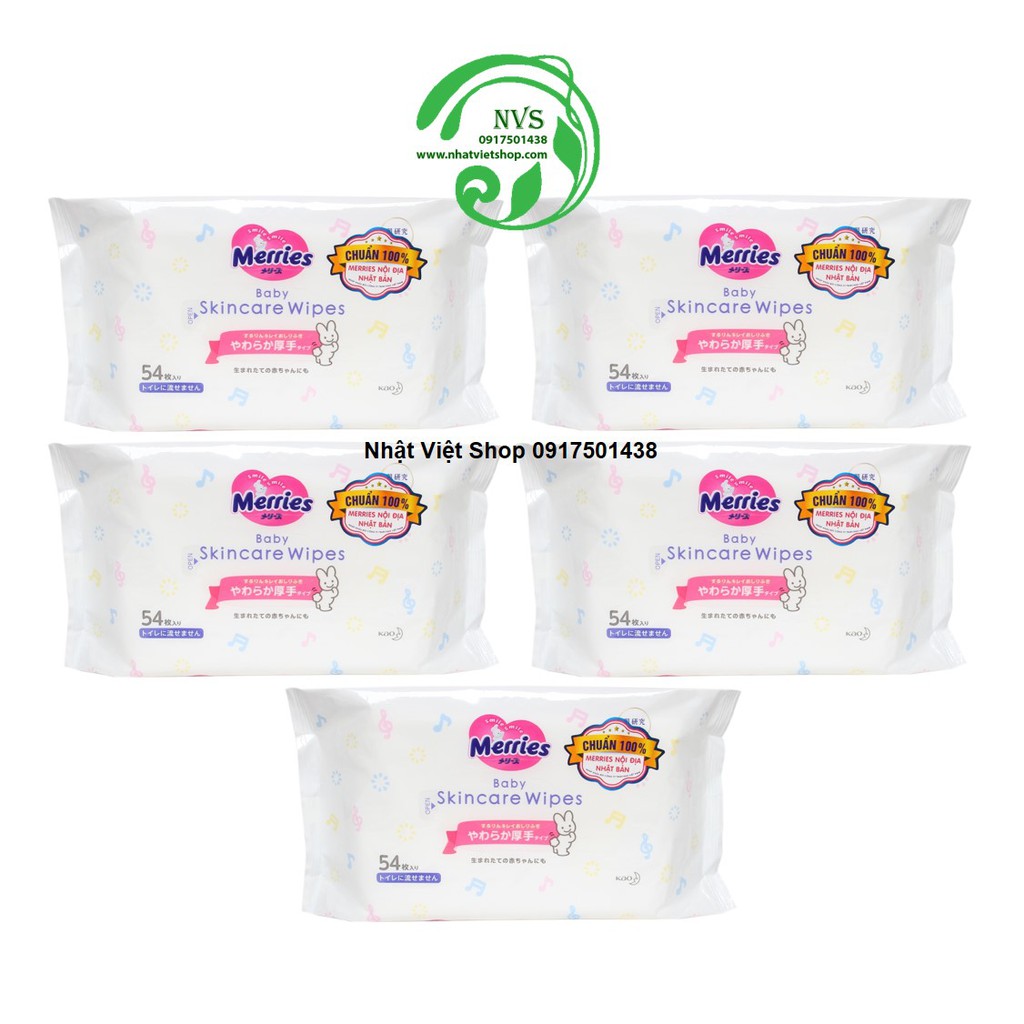 Combo 5 Gói Khăn Giấy Ướt Merries Baby Skincare Wipes (54 miếng/gói x 5)