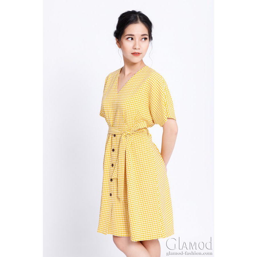 Đầm Glamod kiểu Kimono, dáng suông rộng, thắt dây eo, tùng cài nút giả G9.610 _ caro vàng