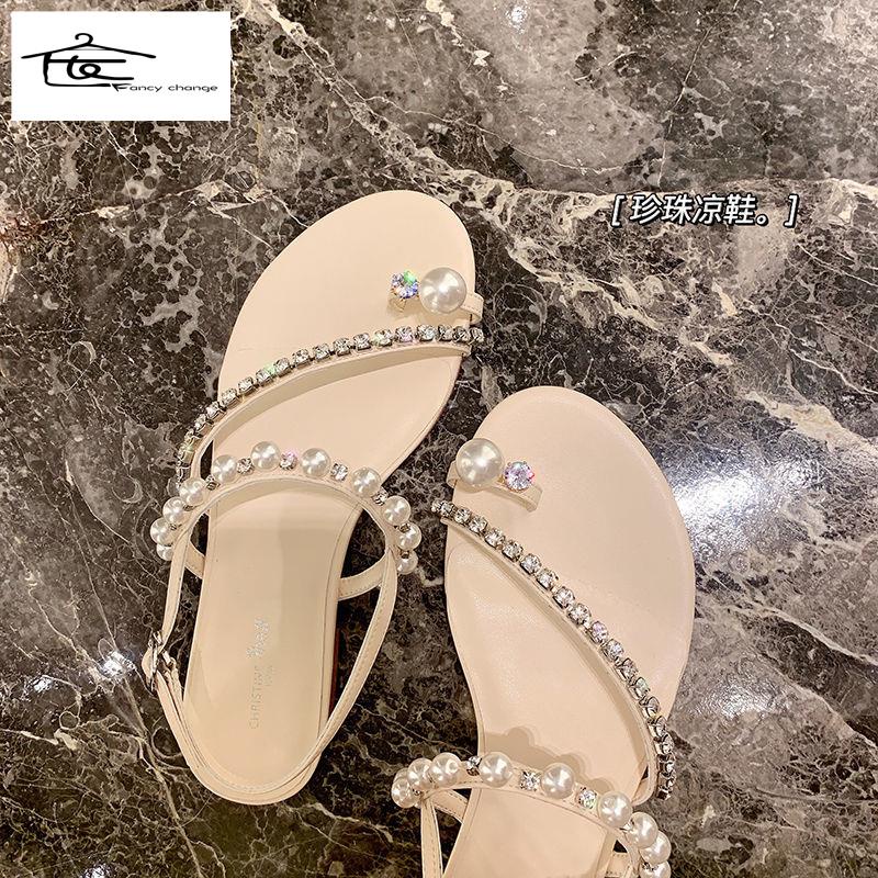 Dép Sandal Đế Bằng Phối Khóa Đính Ngọc Trai Thời Trang Mùa Hè