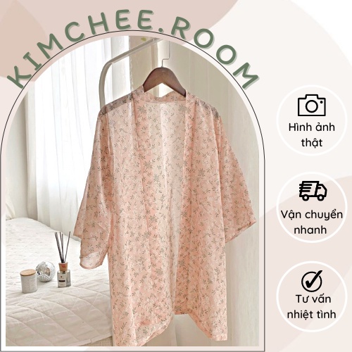 Áo khoác kimono hoa nhí nền hồng pastel